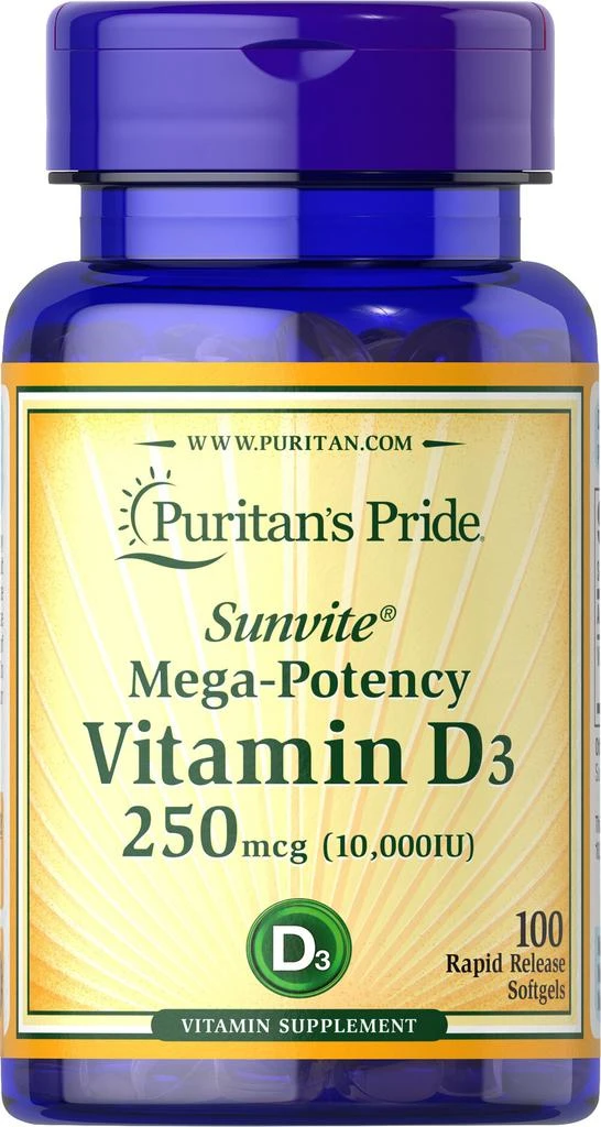 商品Puritan's Pride|Vitamin D3 250 mcg (10000 IU), 100 Softgels,价格¥142-¥283,第1张图片