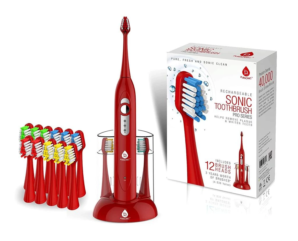 商品PURSONIC|SmartSeries Electronic Power Rechargeable Sonic Toothbrush with 40,000 Strokes Per Minute, 12 Brush Heads Included,red,价格¥331,第1张图片