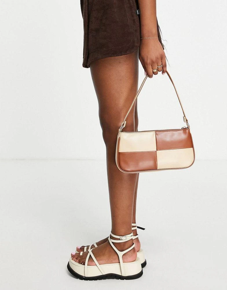 商品ASOS|ASOS DESIGN slim 90s shoulder bag in brown & beige patchwork ,价格¥112,第1张图片