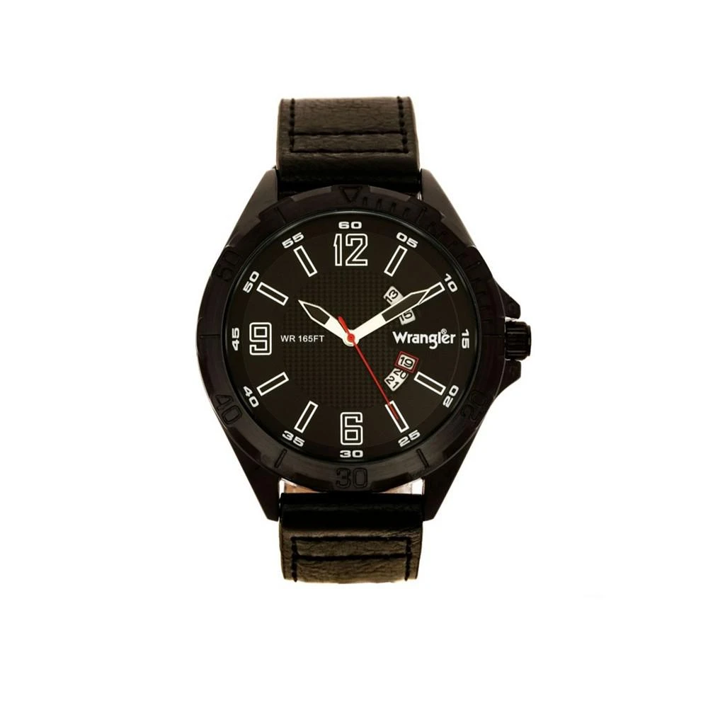 商品Wrangler|Men's Watch, 48MM IP Black Case with Textured Black Dial, Arabic Numerals, Rugged Brown Texture Strap, Analog, Second Hand, Date Function,价格¥490,第1张图片