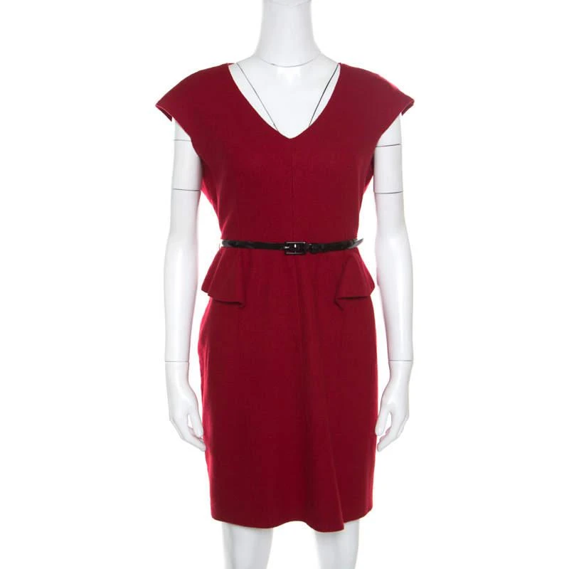 商品[二手商品] CH Carolina Herrera|CH Carolina Herrera Red Wool Half Peplum V-Neck Dress L,价格¥2671,第1张图片