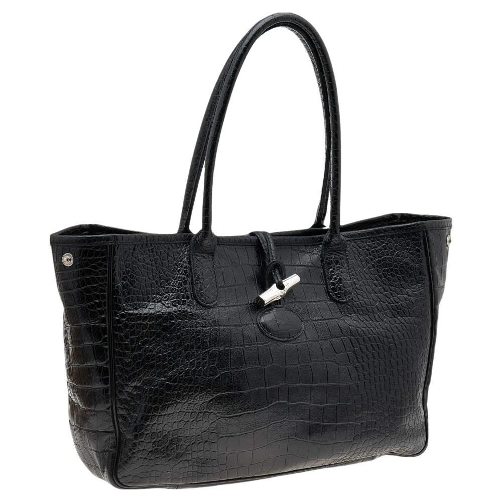 商品[二手商品] Longchamp|Longchamp Black Glaze Croc Embossed Leather Roseau Tote,价格¥1439,第3张图片详细描述