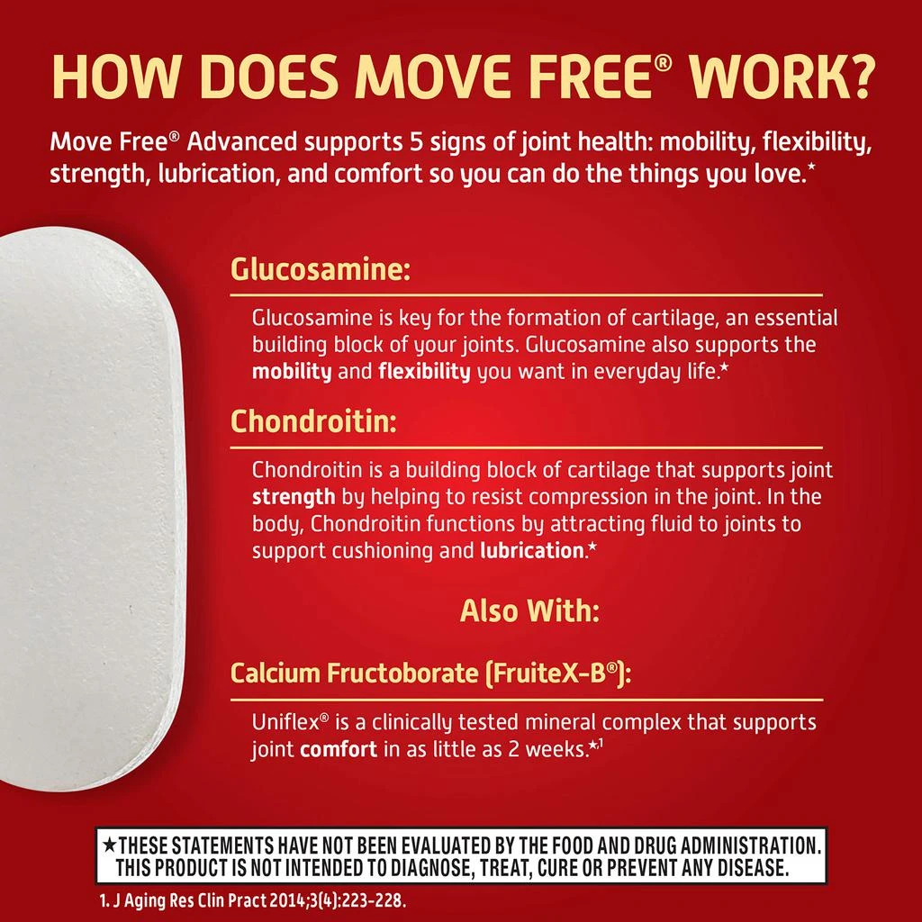 商品Move Free|Move Free Advanced Glucosamine Chondroitin + Calcium Fructoborate Joint Support Supplement, Supports Mobility Comfort Strength Flexibility & Bone - 200 Tablets (100 servings)*,价格¥269,第4张��图片详细描述