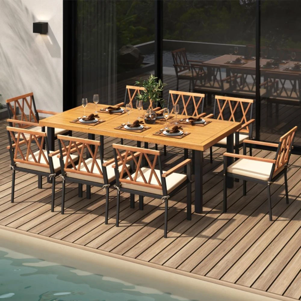 商品Hivvago|9 Pieces Patio Dining Set 39.5 Inch Acacia Wood Table with Umbrella Hole and 22.5-Inch Wide Chairs,价格¥6787,第2张图片详细描述