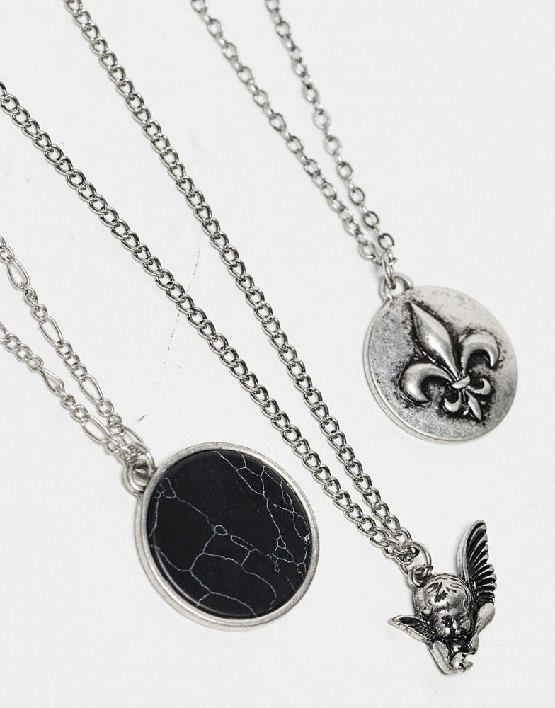 商品Reclaimed Vintage|Reclaimed Vintage unisex multirow necklace with cherub pendant in silver,价格¥113,第6张图片详细描述