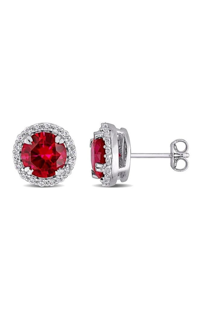 商品DELMAR|Sterling Silver Lab Created Ruby & White Sapphire Halo Stud Earrings,价格¥659,第1张图片