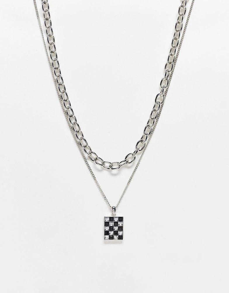 商品Reclaimed Vintage|Reclaimed Vintage unisex mutlirow with checkerboard pendant in silver,价格¥89,第1张图片