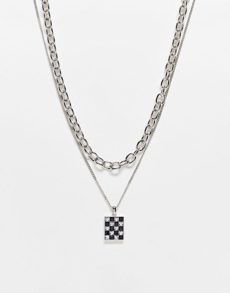 商品Reclaimed Vintage|Reclaimed Vintage unisex mutlirow with checkerboard pendant in silver,价格¥65,第1张图片