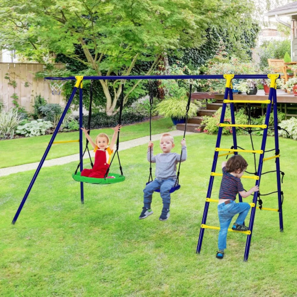 商品Hivvago|5-In-1 Outdoor Kids Swing Set with A-Shaped Metal Frame and Ground Stake,价格¥1541,第1张图片