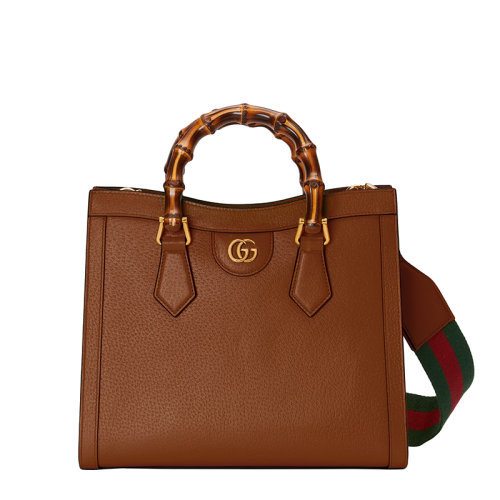 商品Gucci|GUCCI/古驰 22春夏新款Diana系列 女士小号棕色皮革黑色饰带金扣双竹节提手红绿肩带单肩手提托特包702721U3ZDT2185,价格¥27013,第1张图片