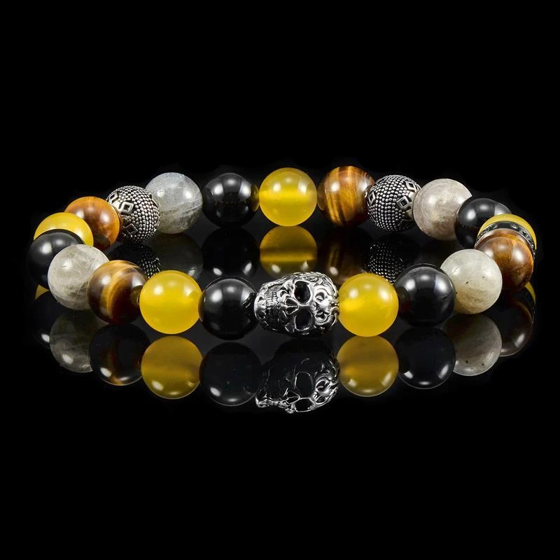 商品Crucible Jewelry|Crucible Los Angeles Single Skull Stretch Bracelet with 10mm Polished Black Onyx, Labradorite, Yellow Jade and Tiger Eye Beads,价格¥388,第1张图片