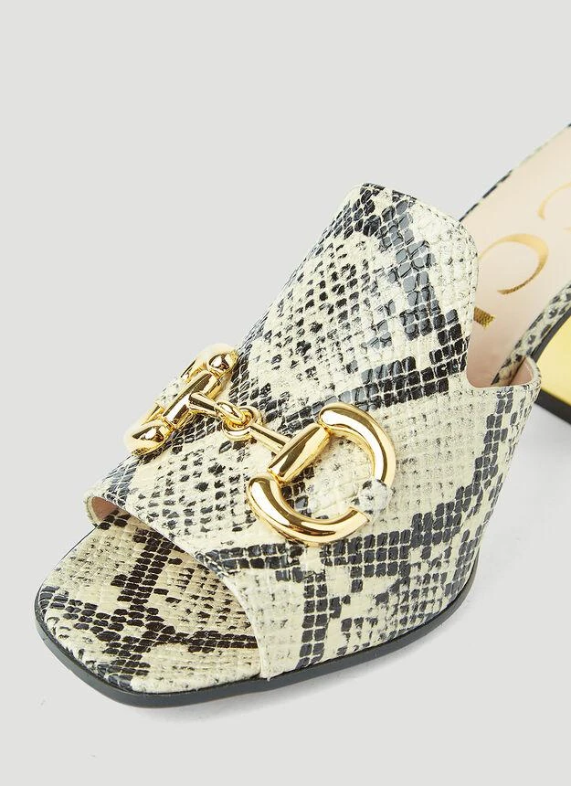 Horsebit Python-Print Heeled Mules in Beige 商品