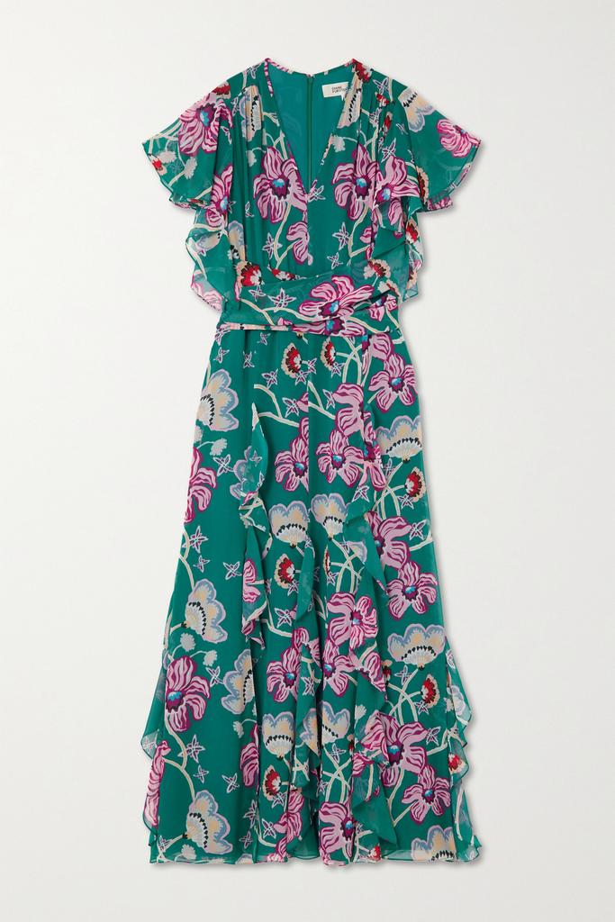 Bleuet 配腰带荷叶边花卉印花雪纺绸中长连衣裙商品第1张图片规格展示