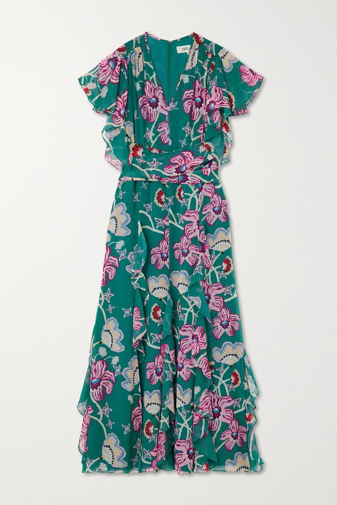 商品Diane von Furstenberg|Bleuet 配腰带荷叶边花卉印花雪纺绸中长连衣裙,价格¥6450,第1张图片