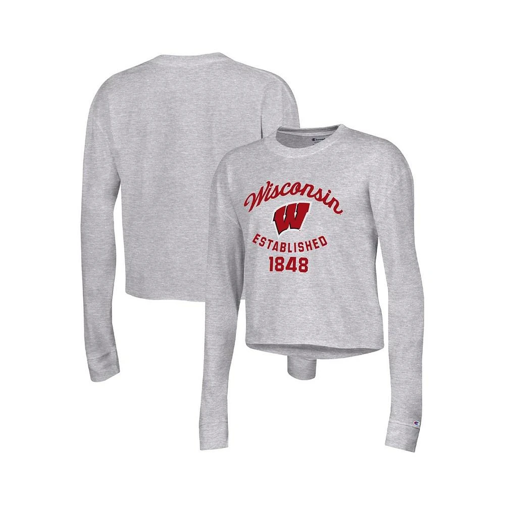 商品CHAMPION|Women's Gray Wisconsin Badgers Boyfriend Cropped Long Sleeve T-shirt,价格¥262,第1张图片