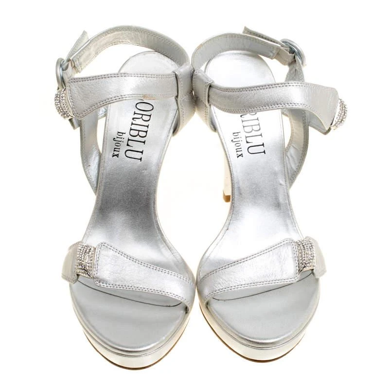 商品Loriblu|Loriblu Bijoux Metallic Silver Leather Crystal Embellished Platform Sandals Size 37,价格¥1641,第3张图片详细描述
