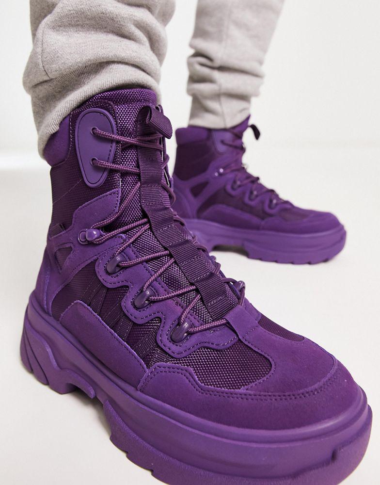 ASOS DESIGN chunky sole lace up boots in dark purple faux suede and mesh商品第3张图片规格展示
