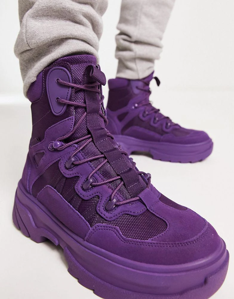 商品ASOS|ASOS DESIGN chunky sole lace up boots in dark purple faux suede and mesh,价格¥336,第3张图片详细描述