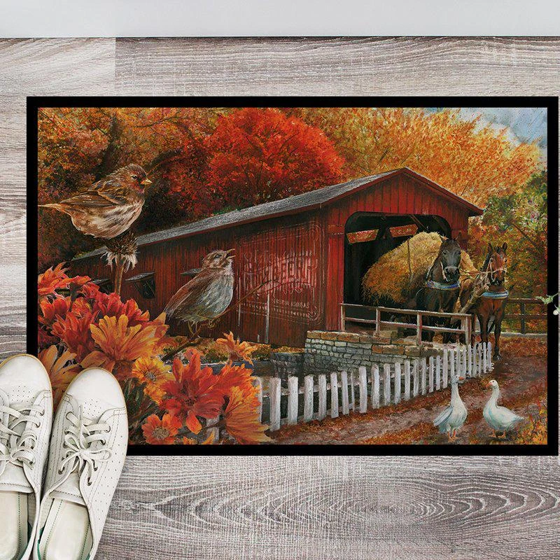 商品Caroline's Treasures|24 in x 36 in Fall Covered Bridge Door Mat Indoor/Outdoor,价格¥307,第2张图片详细描述