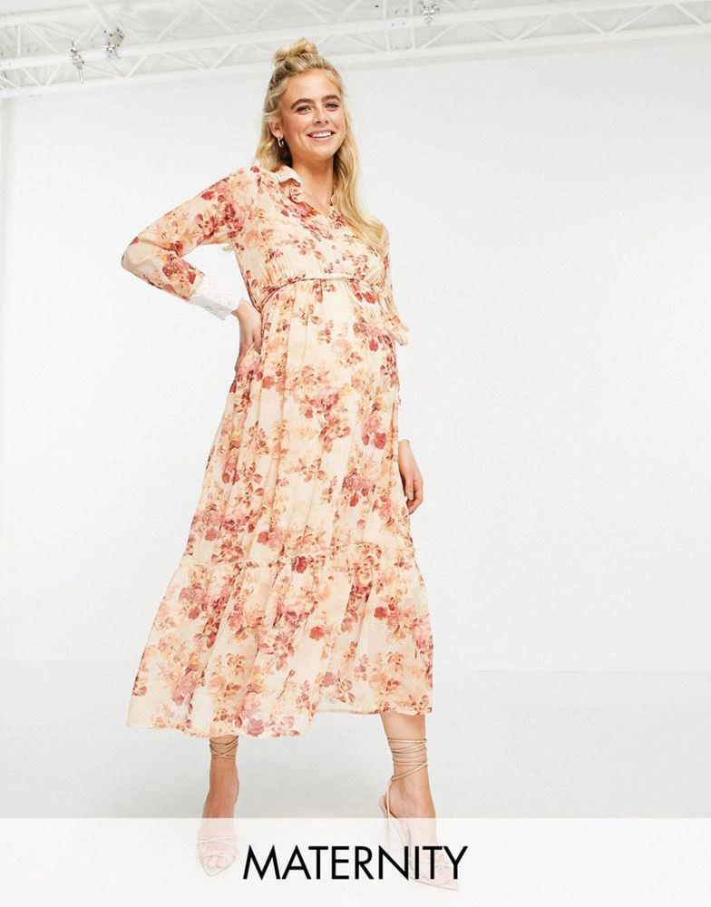商品Hope & Ivy Maternity|Hope & Ivy Maternity collared shirt dress with wrap tie and drop hem in blush floral,价格¥489,第1张图片