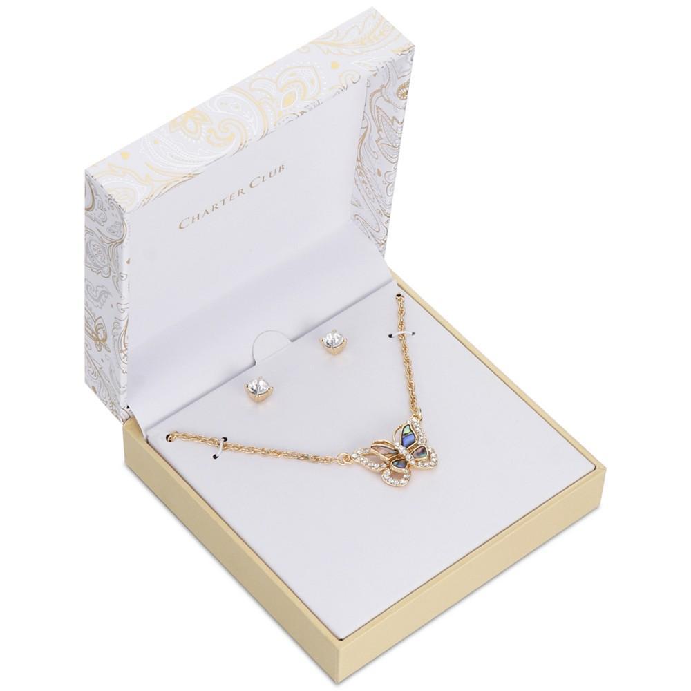商品Charter Club|Gold-Tone Crystal & Abalone Butterfly Pendant Necklace & Stud Earrings Set, Created for Macy's,价格¥87,第4张图片详细描述
