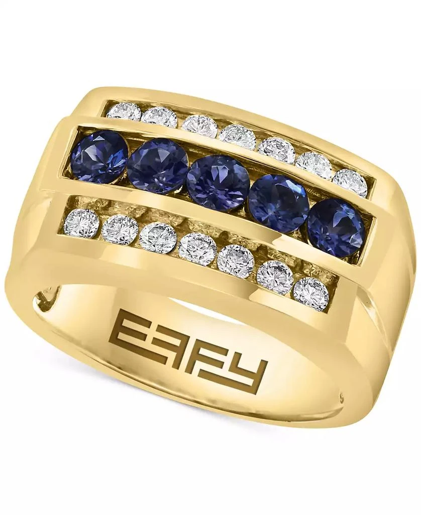 商品Effy|EFFY® Men's Sapphire (5/8 ct. t.w.) & White Sapphire (1-3/8 ct. t.w.) Three Row Ring in 10k Yellow Gold,价格¥16829,第1张图片