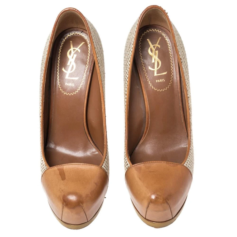 商品[二手商品] Yves Saint Laurent|Saint Laurent Brown/Grey Canvas And Leather Platform Tribtoo  Pumps Size 37,价格¥1253,第3张图片详细描述