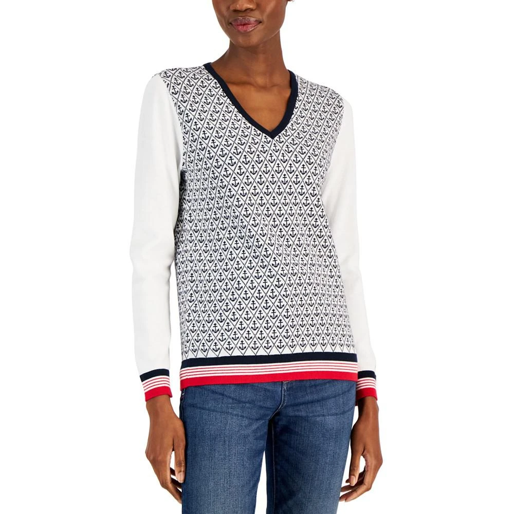 商品Tommy Hilfiger|Women's Anchor Print Cotton V-Neck Sweater,价格¥312,第1张图片