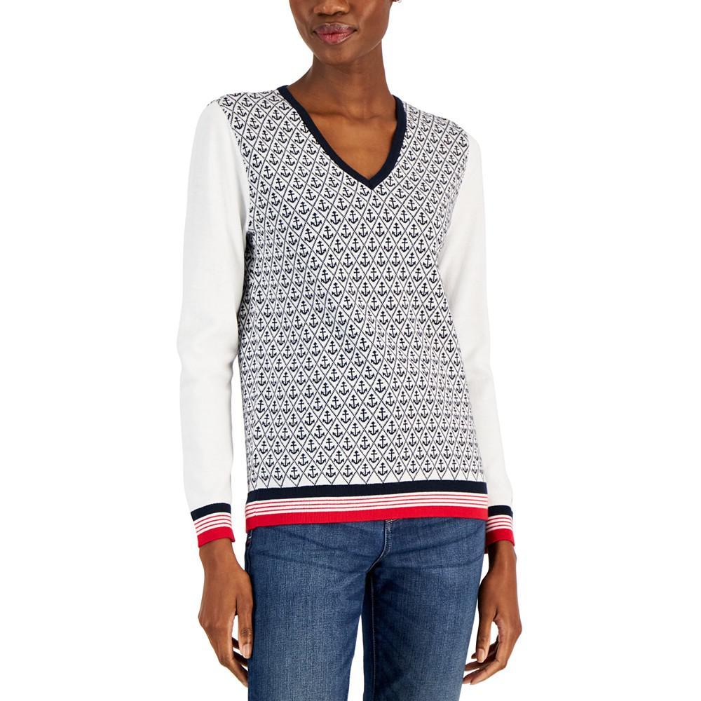 商品Tommy Hilfiger|Women's Anchor Print Cotton V-Neck Sweater,价格¥484,第1张图片