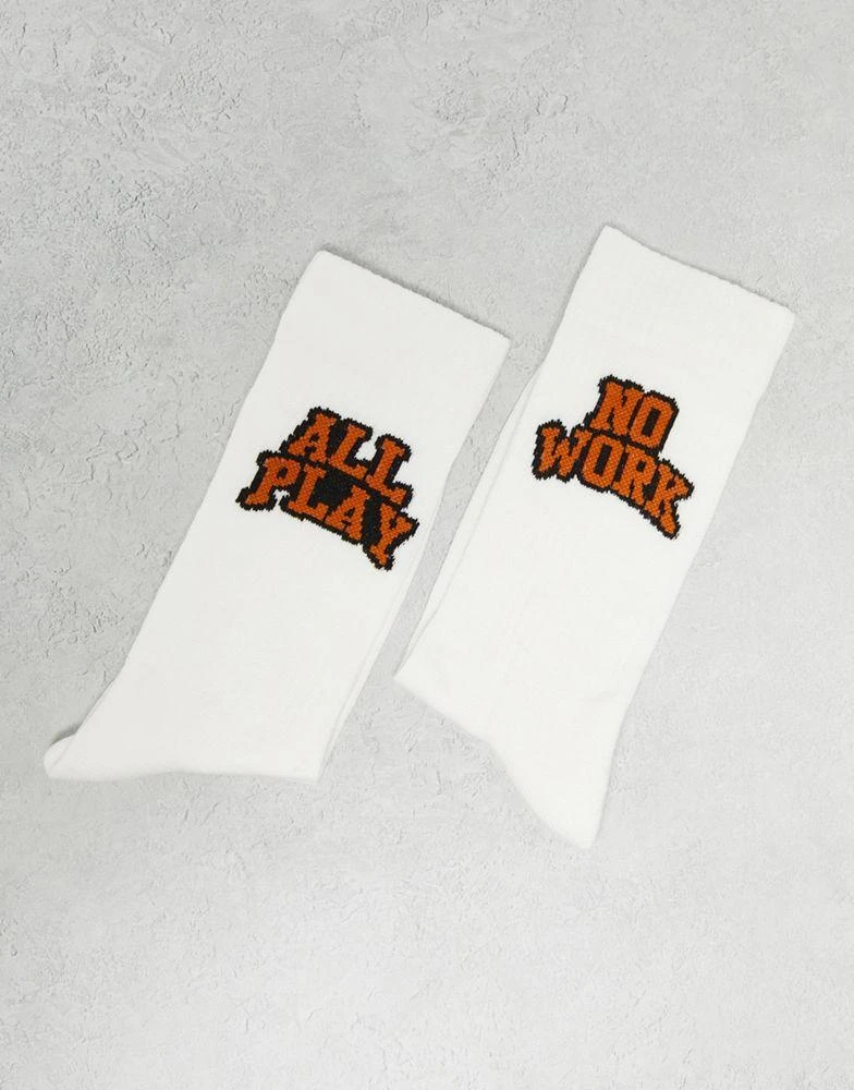 商品ASOS|ASOS DESIGN All work no play slogan socks in white,价格¥34,第3张图片详细描述