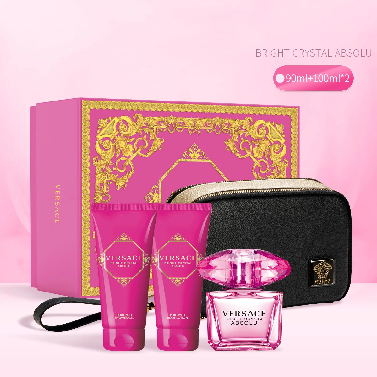商品[国内直发] Versace|范思哲臻挚粉钻女士浓香水套装（浓香水90ml+沐浴啫喱100ml+润肤乳100ml+化妆袋）,价格¥739,第1张图片