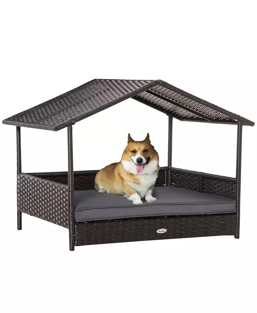 商品PawHut|Elevated Wicker Dog House, Raised Rattan Pet Bed Cabana Canopy, Grey,价格¥813,第1张图片