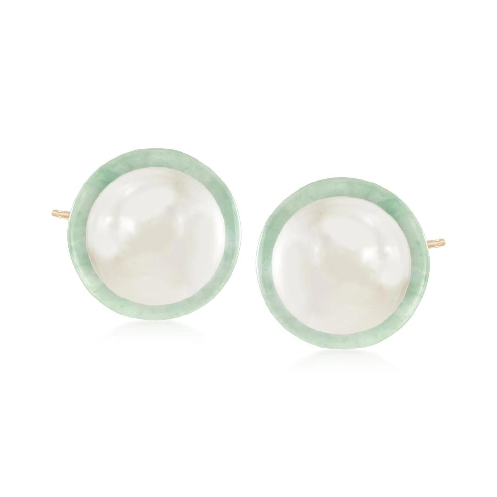 商品Ross-Simons|Ross-Simons 9.5-10mm Cultured Pearl and Jade Earrings in 14kt Yellow Gold,价格¥743,第1张图片
