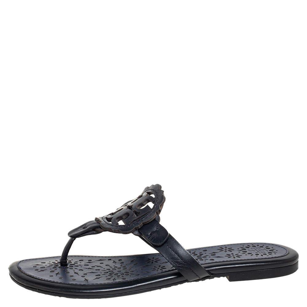 商品[二手商品] Tory Burch|Tory Burch Black/Blue Leather Miller Flat Thong Sandals Size 35,价格¥735,第4张图片详细描述