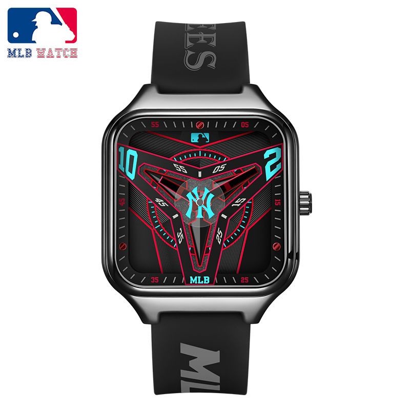 MLB | MLB美职棒手表 2022新款 潮牌手表个性指针男士手表 镂空防水石英硅胶学生情侣表NY22051, 颜色黑色