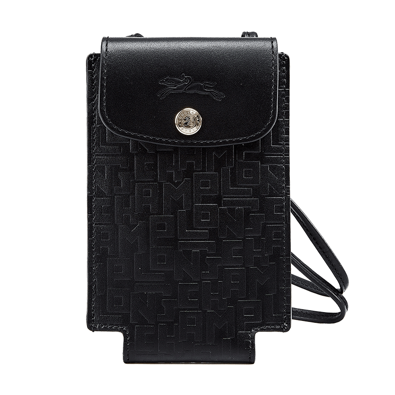 商品第1个颜色黑色, Longchamp | 珑骧 LONGCHAMP 奢侈品 女士灰色皮质挂脖钱包卡包卡夹34177 H56 P64