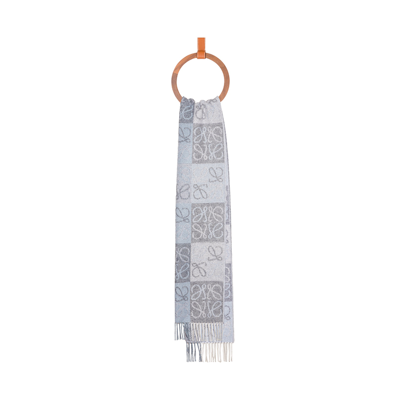 Loewe | 罗意威23新款 男女通用羊毛羊绒格纹图双面围巾（两色可选）, 颜色灰蓝色
