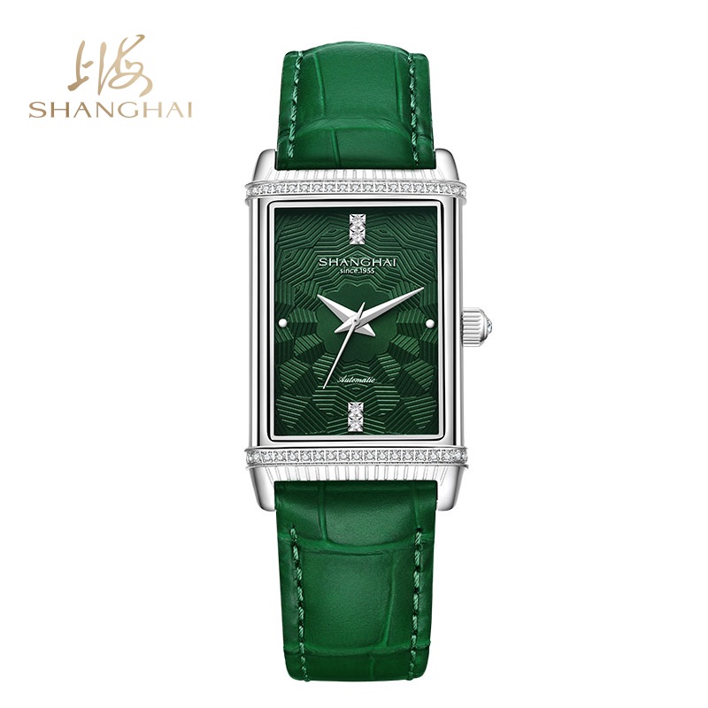 商品SHANGHAI WATCH | 大都会系列镜耀 单层镶石 自动上链机械女士腕表颜色银白-绿表带 