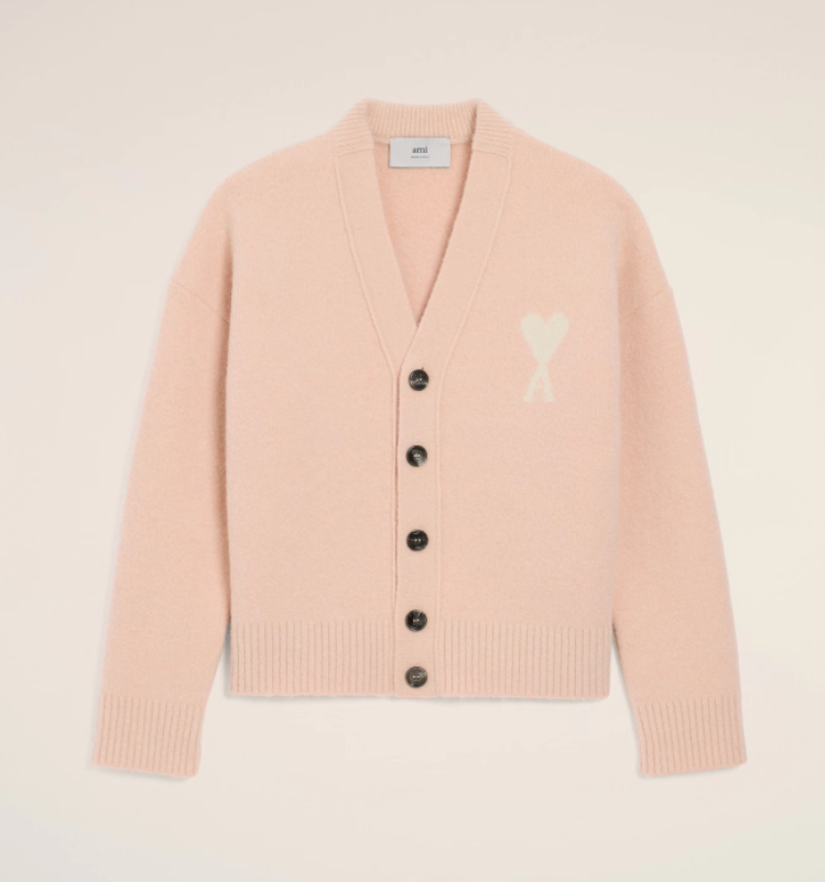 颜色: 粉色, AMI | 【秋冬新品】AMI 男女同款ADC羊驼毛混纺云朵开衫 爱心V领（香港仓发货）