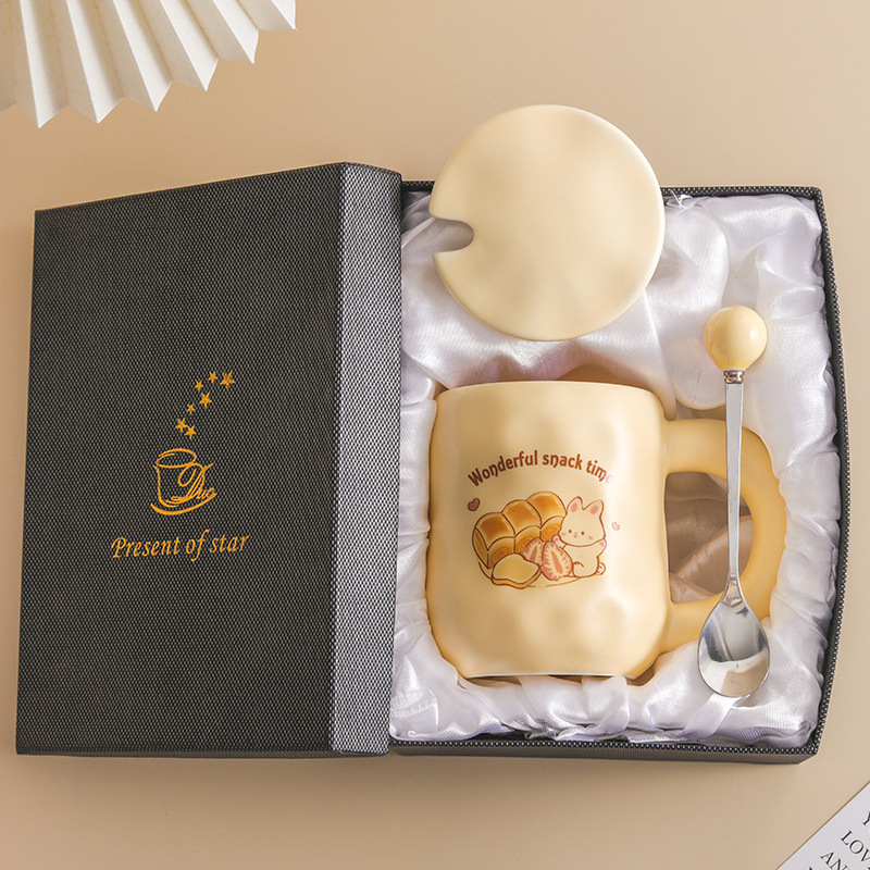 商品第3个颜色 面包兔-大耳杯（黑礼盒装）, YeeCollene | 可爱奶fufu杯子面包马克杯带盖勺ins风女生陶瓷咖啡早餐杯办公室