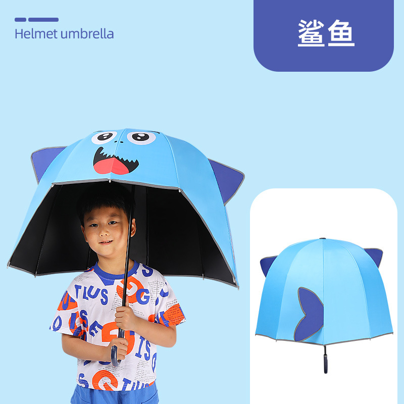 颜色:  头盔伞鲨鱼, GLENVINTEN | 创意安全反光条小学生儿童雨伞黑胶遮阳防晒幼儿园户外帽子头盔伞
