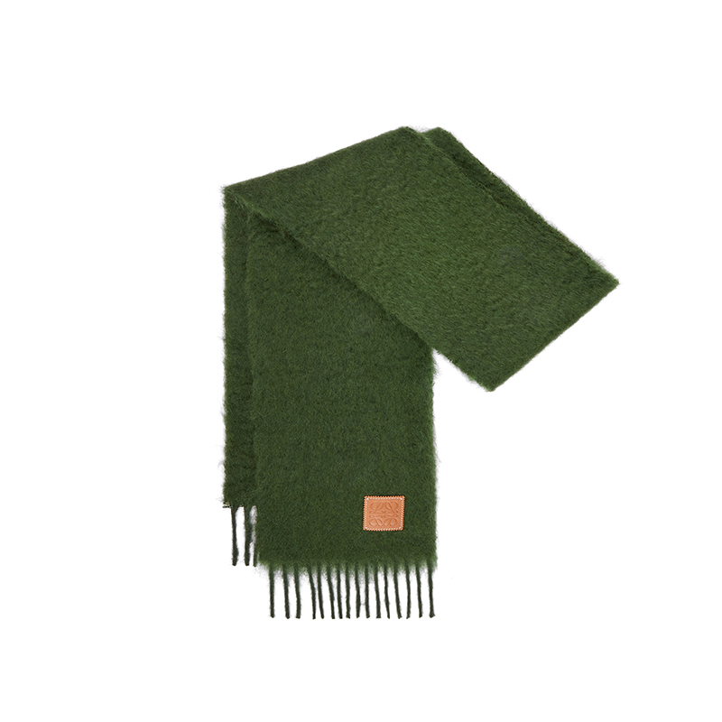Loewe | 罗意威23新款 男女通用马海毛羊毛带皮革标围巾（三色可选）, 颜色森绿色