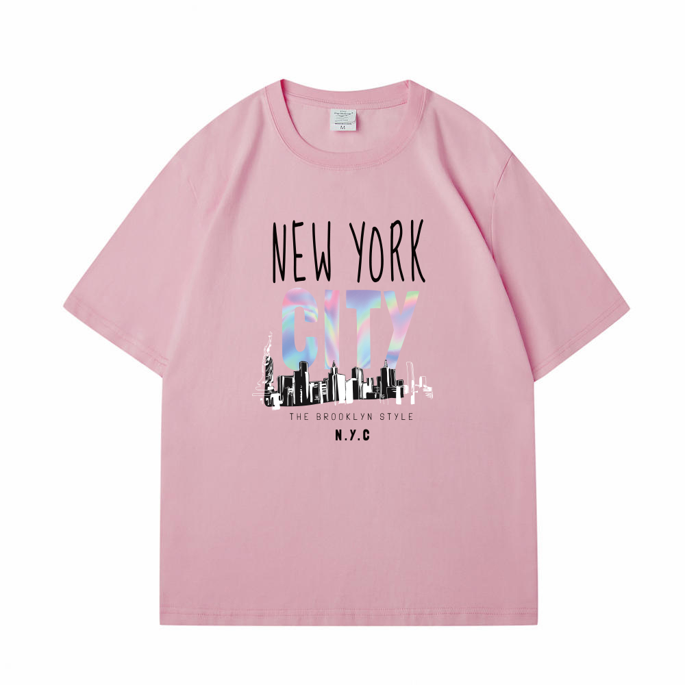 颜色: 粉色, EUHERTZ | C-113 潮牌美式甜辣字母印花圆领短袖t恤女夏季高级感小众布鲁克林上衣