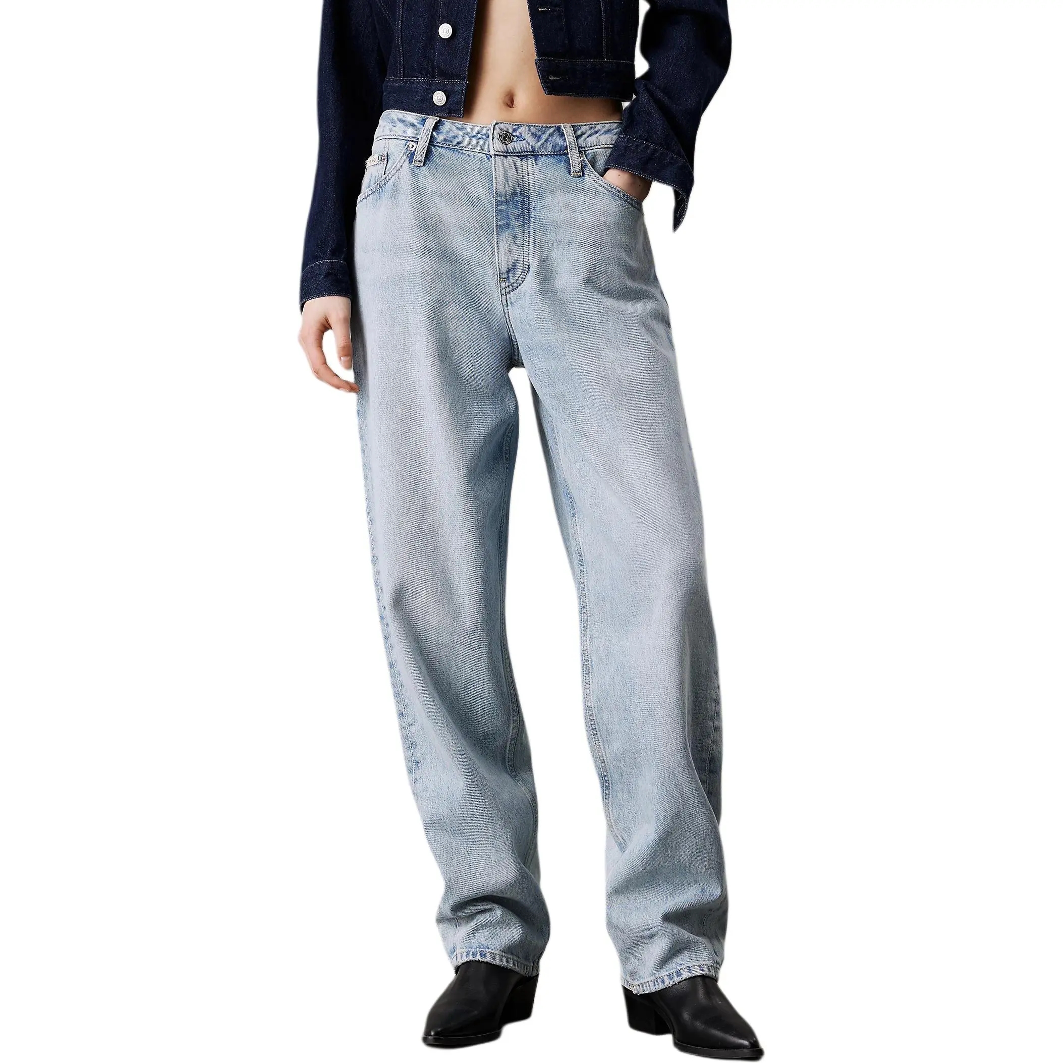 颜色: 淡蓝色, Calvin Klein | Calvin Klein/CK 女士浅蓝色门襟扣洞款牛仔直筒裤 