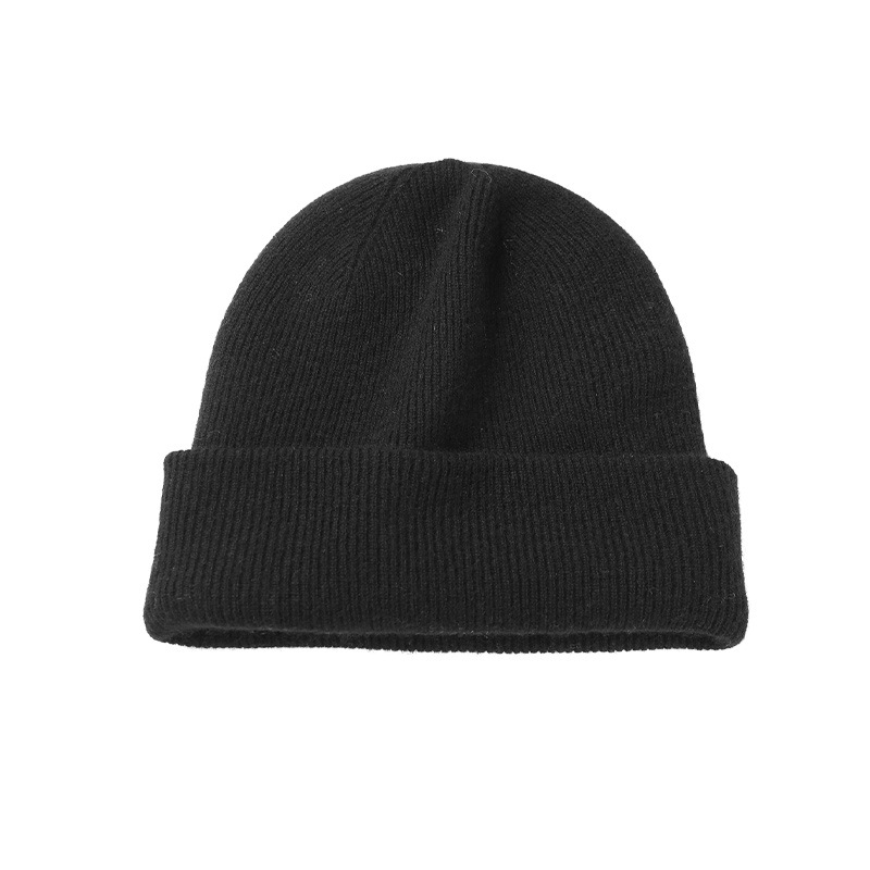 CACUSS | 秋冬针织帽女纯色简约保暖毛线帽羊绒混纺时尚堆堆帽显脸小包头帽, 颜色黑色