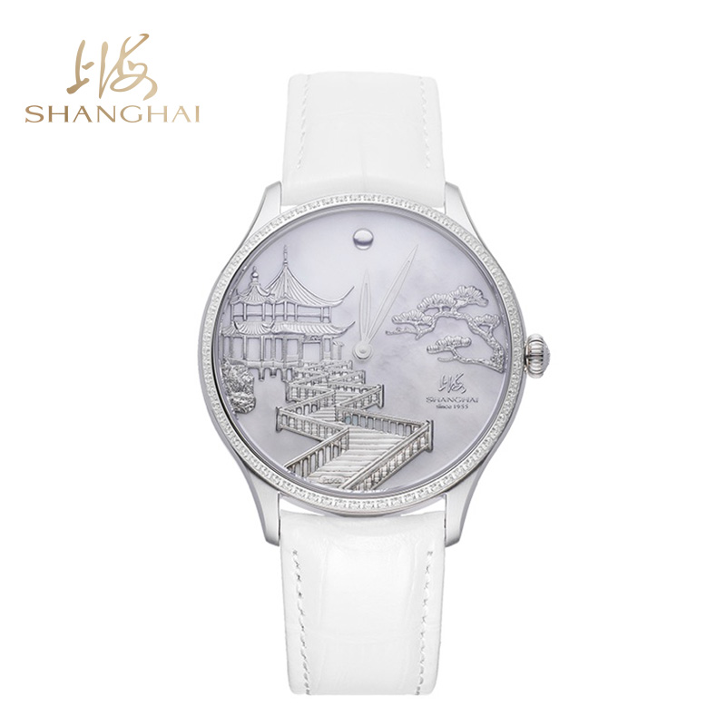 商品SHANGHAI WATCH | 复兴 · 九曲映月 金雕腕表颜色白色母贝-镶石