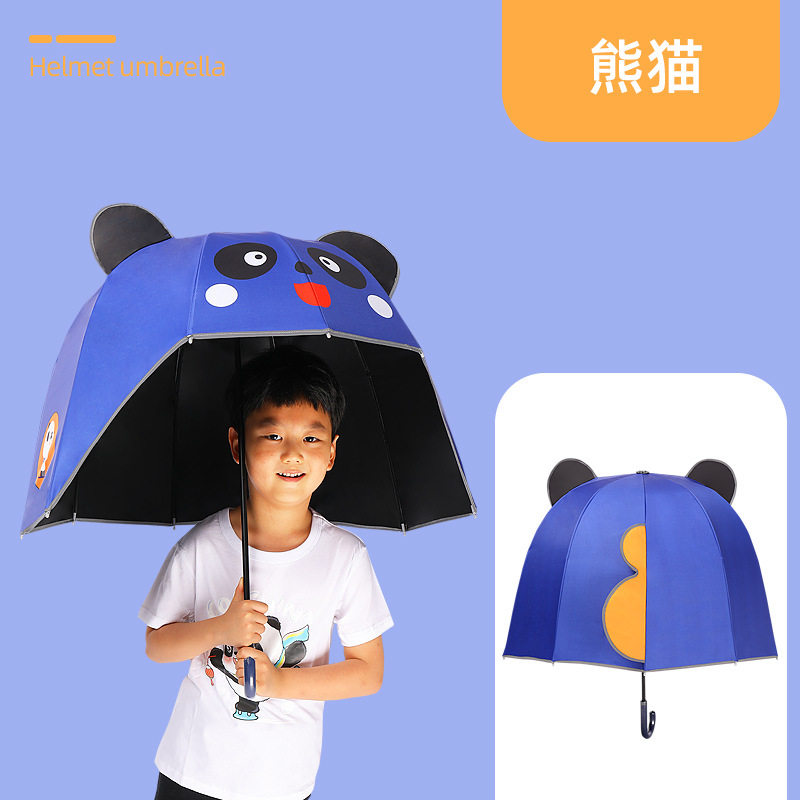 颜色:  头盔伞熊猫, GLENVINTEN | 创意安全反光条小学生儿童雨伞黑胶遮阳防晒幼儿园户外帽子头盔伞