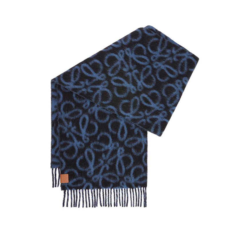 Loewe | 罗意威23新款 男女通用羊驼毛羊毛印花围巾, 颜色黑蓝色
