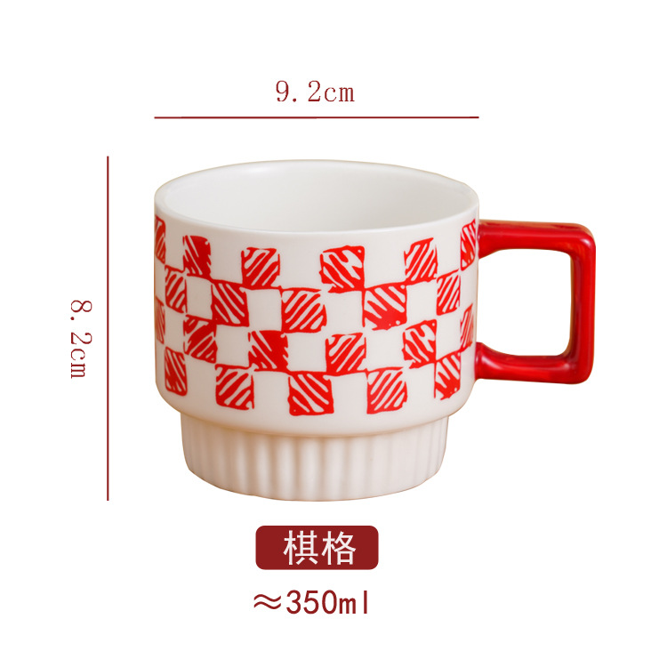 商品第5个颜色 红-棋格, YeeCollene | ins美式复古叠叠杯小众手绘陶瓷马克杯高颜值可爱情侣咖啡杯