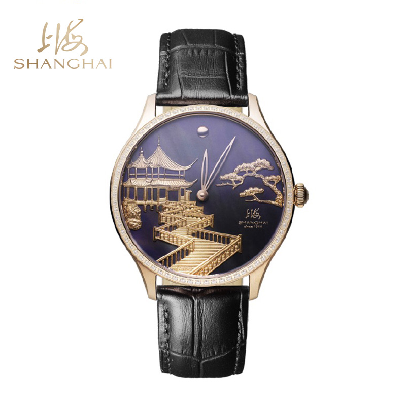 商品SHANGHAI WATCH | 复兴 · 九曲映月 金雕腕表颜色黑色母贝-镶石